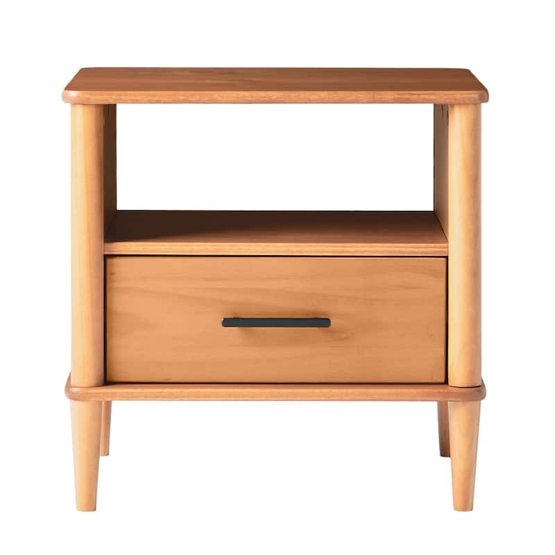 Classic Wooden Nightstand, Sofa Side Table with 1 Drawer, Decorative Table with Open Partition and Solid Wood Legs