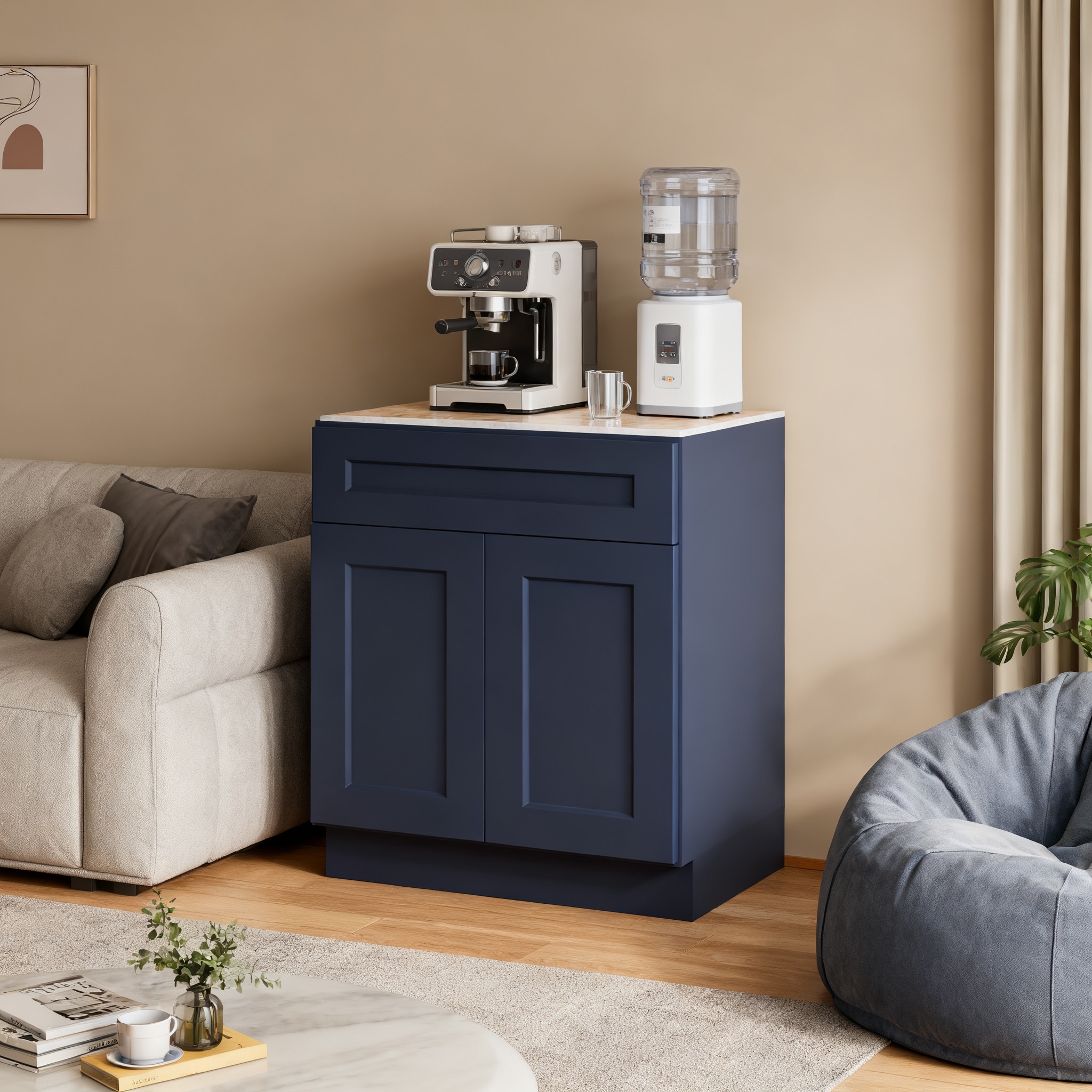30" Navy Blue Shaker Base Cabinet with Soft-Close Door, Drawer, Space-Saving Solid Wood Unit with Adjustable Shelf