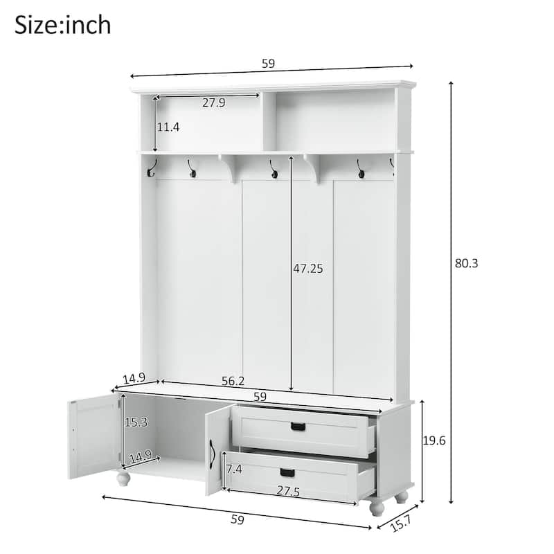 80.30"H Hall Tree with Storage Cabinet, Entryway Coat Rack with 2 Large Drawers and 5 Coat Hooks, Widen Mudroom Bench