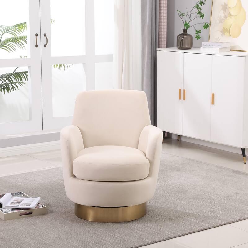 Velvet Swivel Barrel Chair, Swivel Accent Chairs Armchair w/ Gold Stainless Steel Base, Comfy Reading Chair Round Barrel Chairs - Beige
