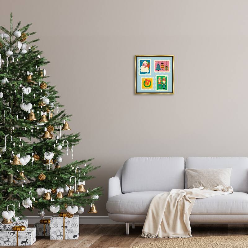 Stupell Vintage Christmas Postage Stamps Framed Floater Canvas Wall Art Design By Carrie Cantwell