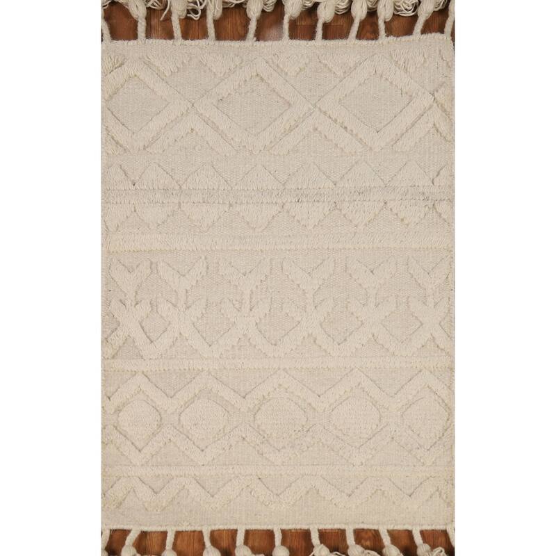 Geometric Ivory Moroccan Oriental Foyer Rug Hand-Knotted Wool Carpet - 2'0"x 3'0"