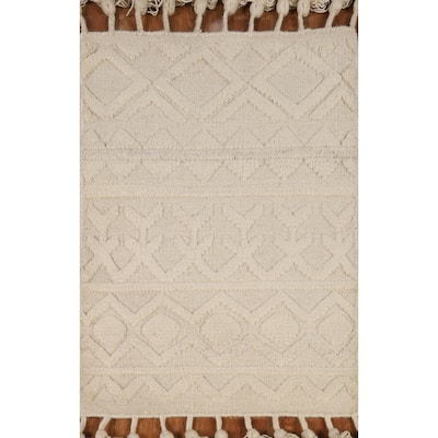 Geometric Ivory Moroccan Oriental Foyer Rug Hand-Knotted Wool Carpet - 2'0"x 3'0"