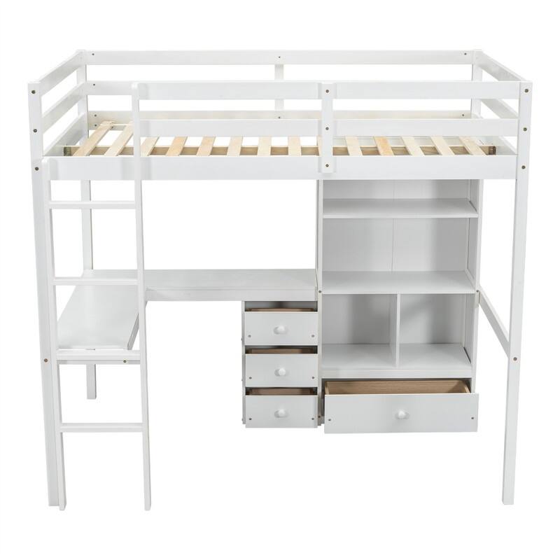 Full Size Loft Bed with Bulit-in L-Shaped Desk and Ladder, Wooden High Loft Bedframe with Storage Drawers and Shelves