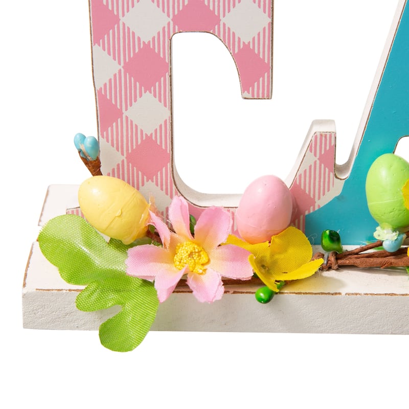 Glitzhome Wooden EASTER HOP Happy Easter with Artificial Rattan Table Sign Decor Centerpiece