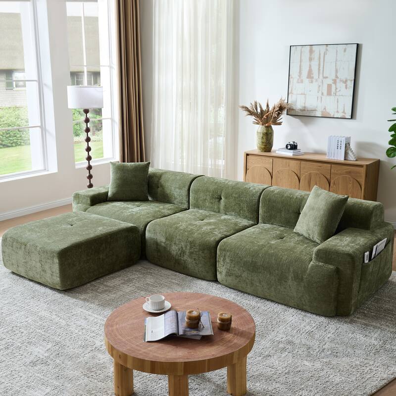 118 inch Oversized 3 Seater L-Shaped Chenille Boneless Modular Sectional Sofa Couch with Movable Ottoman