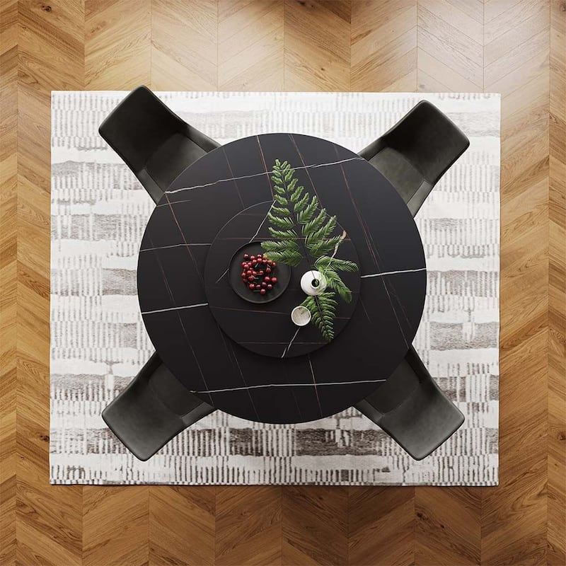 Modern Round White Dining Table，Sintered Stone Tabletop, Solid Black Carbon Steel Base