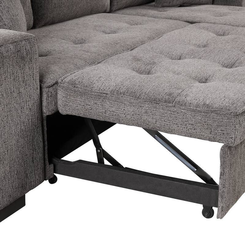 Modern L-Shape 3 Seat Reversible Sectional Couch, Pull Out Sleeper Sofa with Storage Chaise and 2 Stools