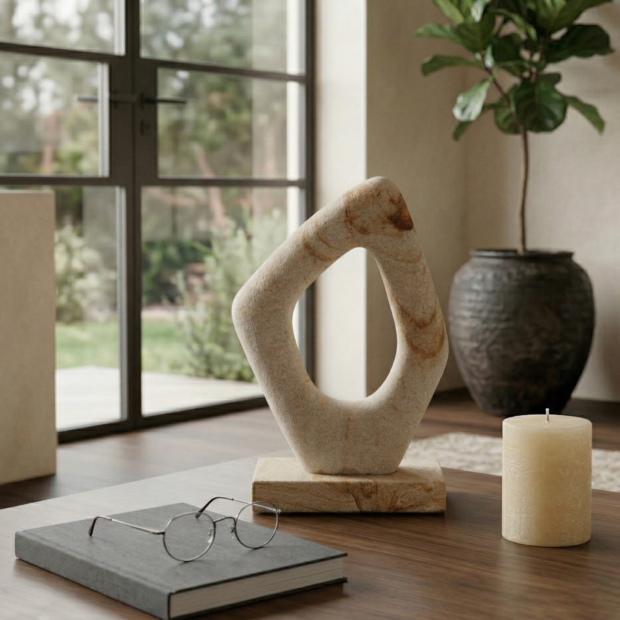 Abstract Geometric Stone Loop Statue Object - 11", Brown & White - 11.0"