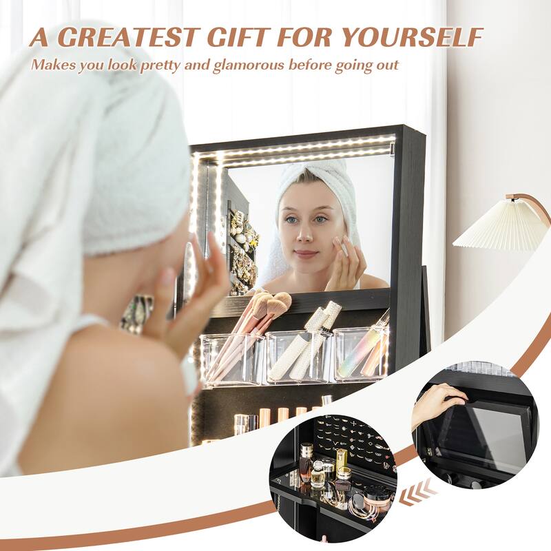 Gymax Rotating Mirrored Jewelry Cabinet Armoire 3 Color LED Modes