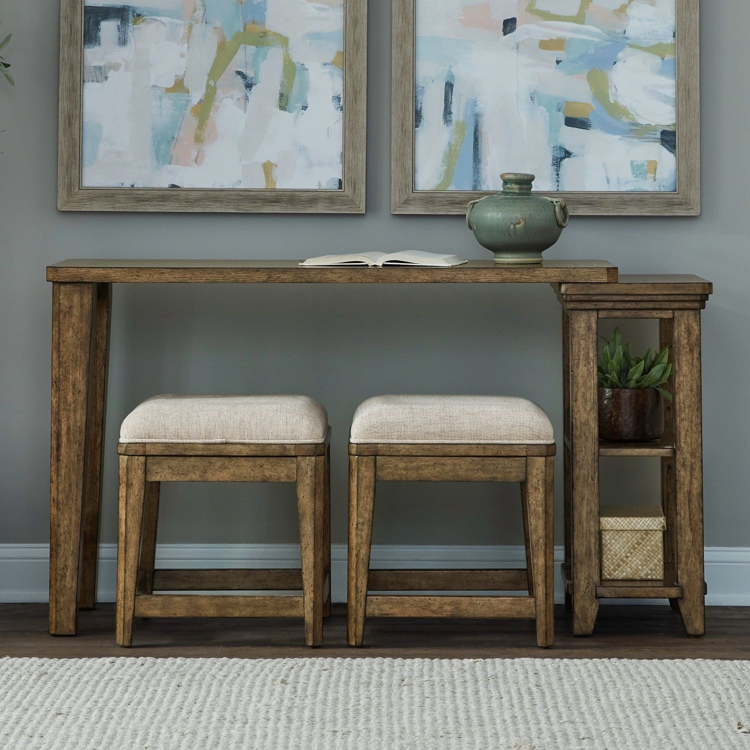 Liberty Furniture Carolina Park Console Table, Optional 2 Upholstered Stools