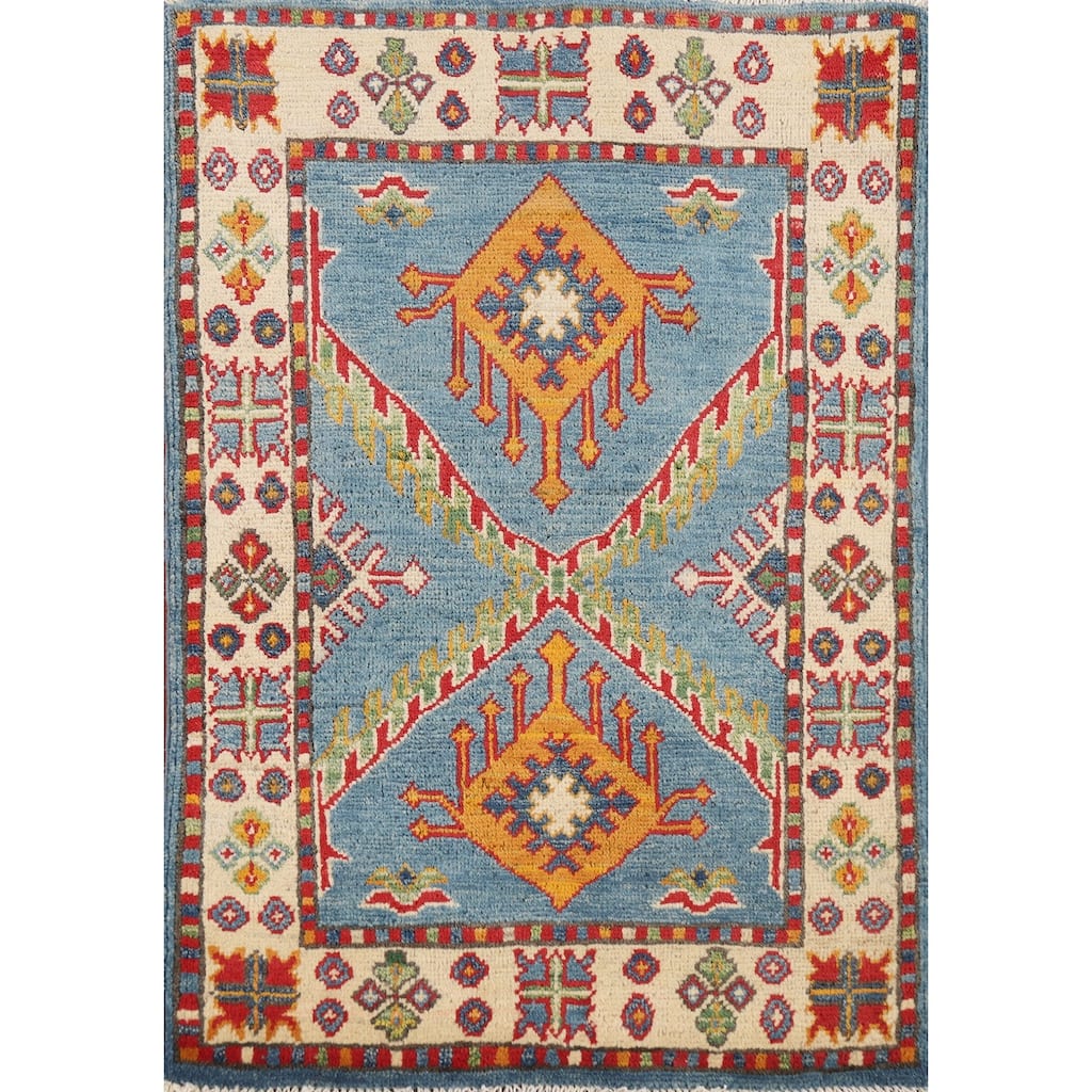 Light Blue Geometric Kazak Foyer Rug Handmade Wool Carpet - 2'0" x 3'0"