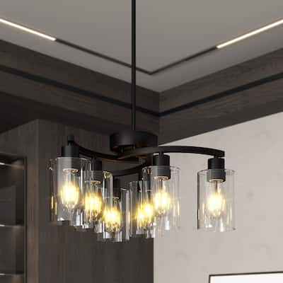 6-Light Modern Farmhouse Black Chandelier - Adjustable, Kitchen, Dining - Clear Glass