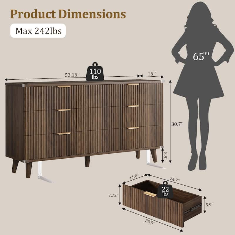 6 Drawer Dresser for Bedroom, 53" Wide Boho Fluted Dresser