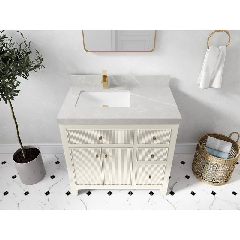 Willow Collections 36 in W x 22 in D Sonoma Left Offset Free Standing Reeded Bathroom Vanity with Countertop - 2”Pearl Gray - Ivory