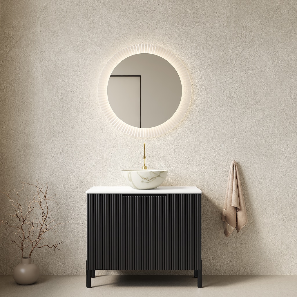 30" Bathroom Vanity with Sink, Freestanding Bathroom Storage Cabinet with 2 Doors, White Bowl Ceramic Basin with Stone Pattern