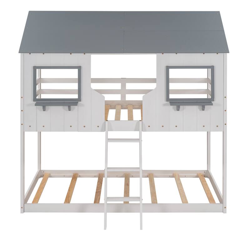 Bunk Bed Wood Bed with Roof, Window, Guardrail, Ladder