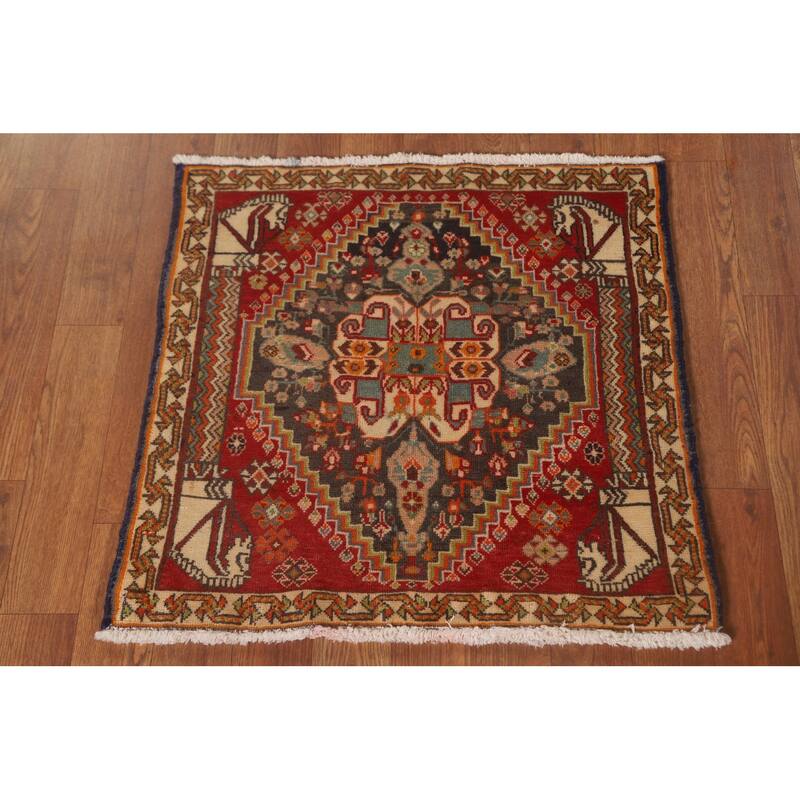 Geometric Abadeh Persian Vintage Square Rug Handmade Wool Carpet - 2'1" x 2'0"