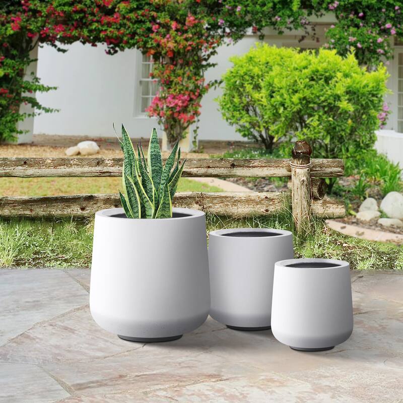 Plantara 17", 13", & 10" H Round Solid White Concrete planter (Set of 3), Outdoor Modern Planter pot,Flower pot for Garden
