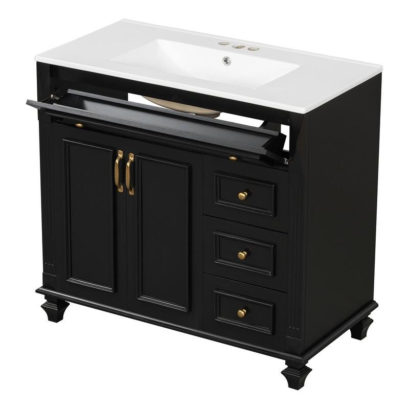 36" Bathroom Vanity with Ceramic Sink, Freestanding Bathroom Vanity Cabinet with Flip-Out Drawer, 3 Drawers & 2 Soft-Close Doors