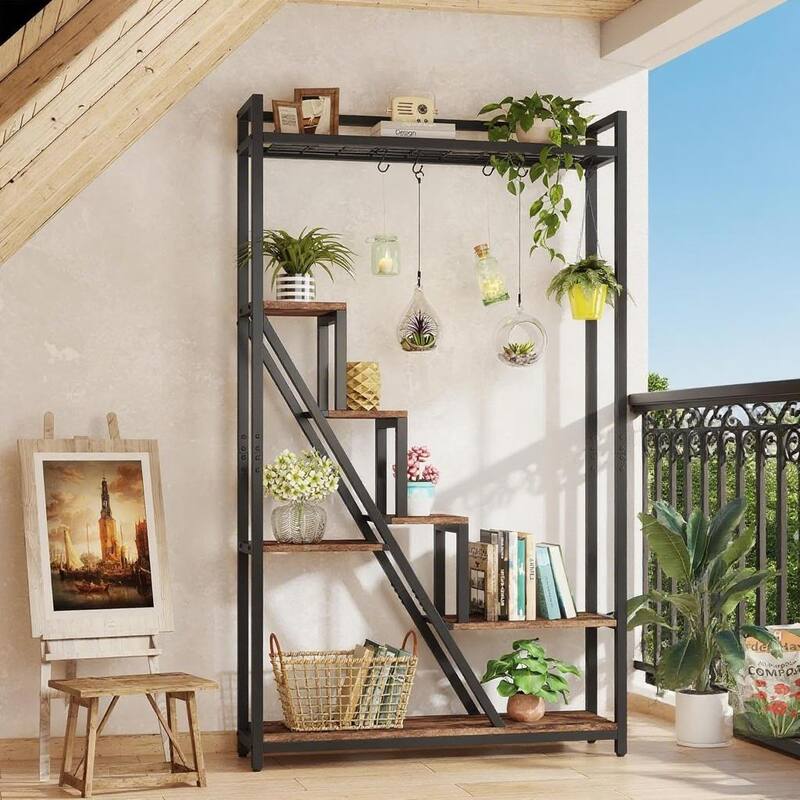 Black-Brown Particle Board Metal 7-Tier Ladder Plant Shelf Stand - 41.34 " x 11.81" x 70.86"