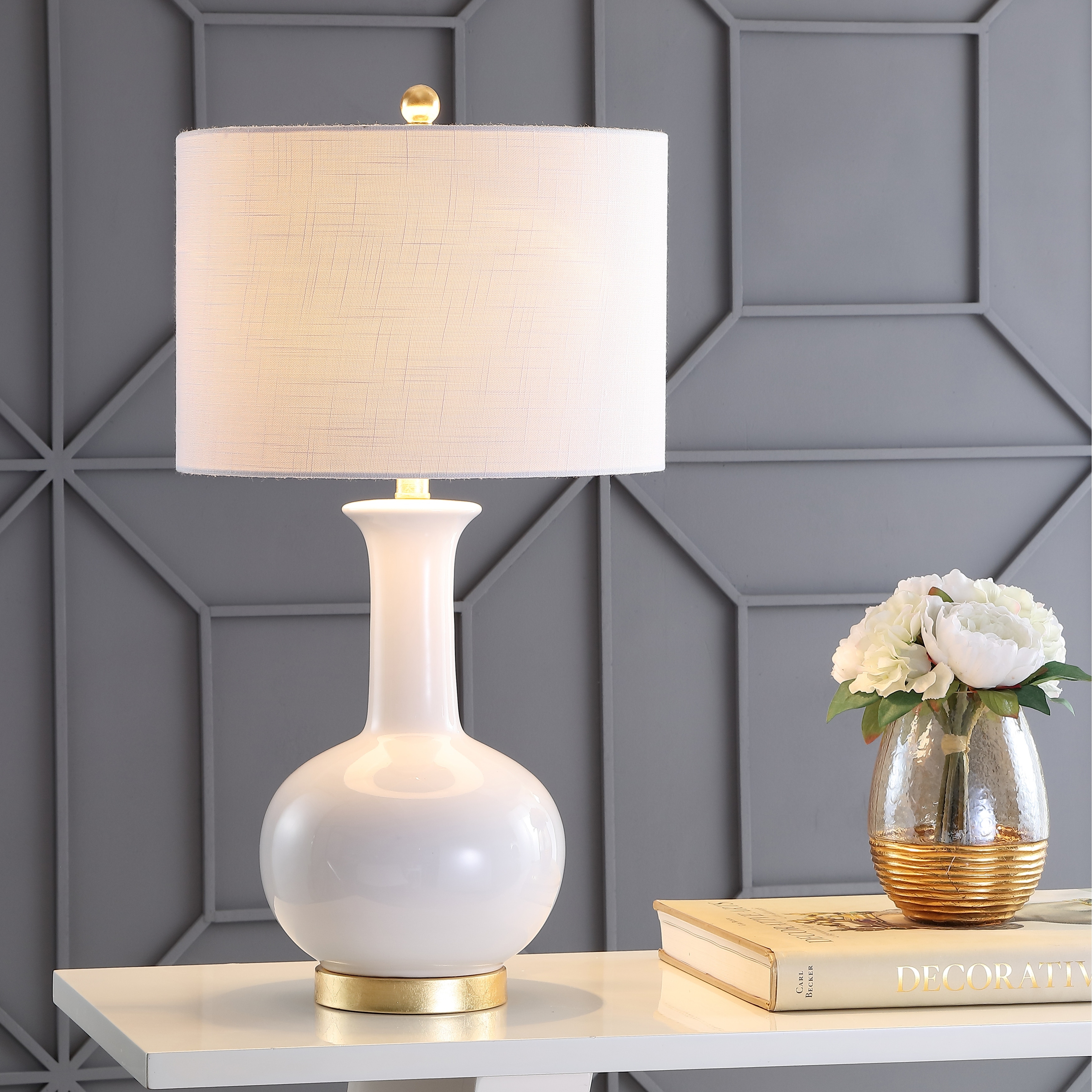 JONATHAN Y School 27" Ceramic/Metal LED Table Lamp, White/Gold Leaf
