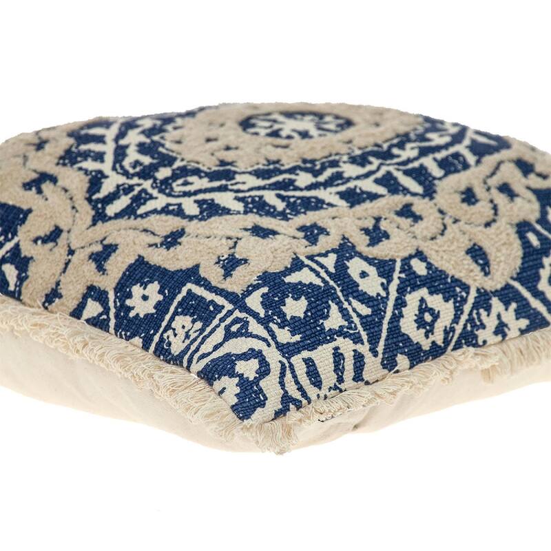18" Beige and Blue Embroidered Ethnic Design Throw Pillow