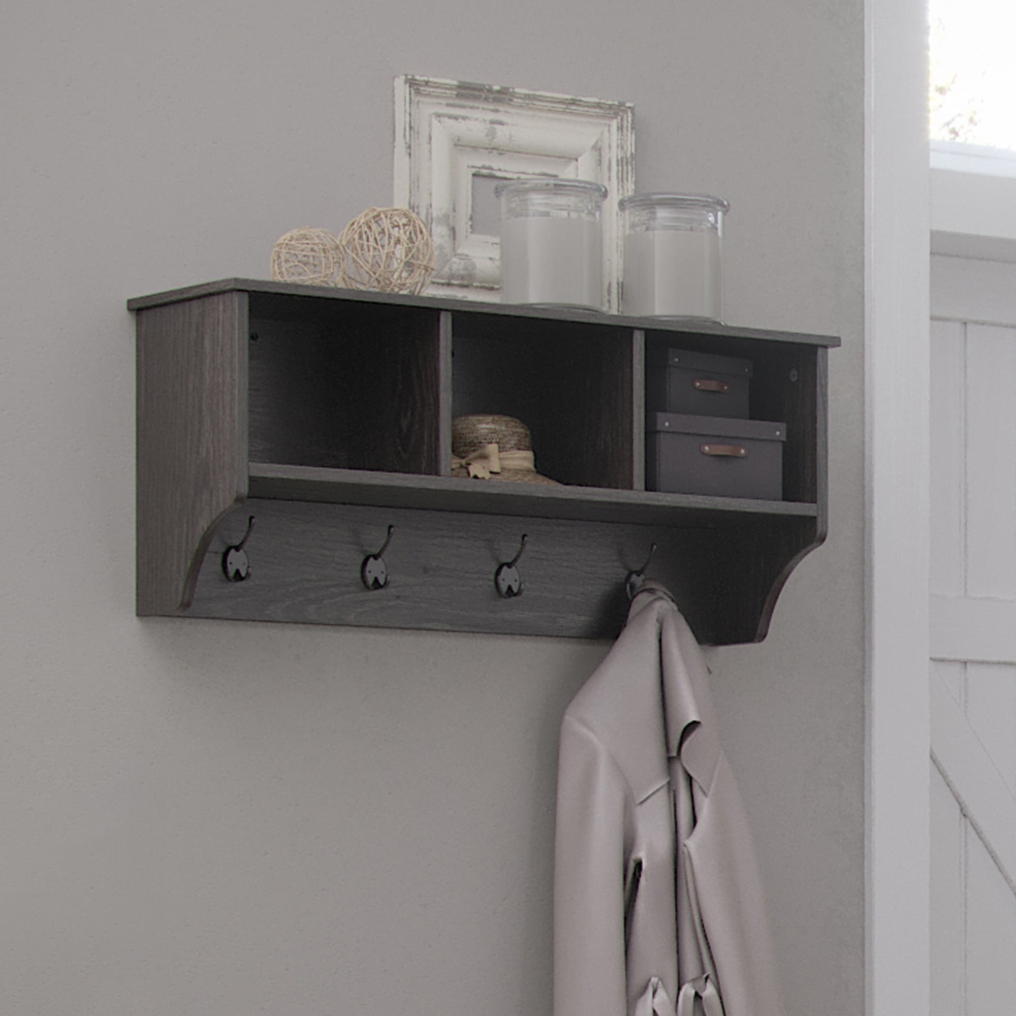 RiverRidge Woodbury Entryway Wall Coat Rack Storage with Hooks and Open Cubby Shelves for Hallway - Weathered Woodgrain