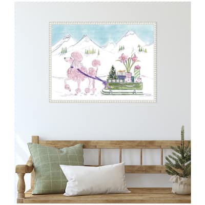 Kate and Laurel Sylvie Beaded Pink Poodle and Present Sled Framed Canvas by Patricia Shaw