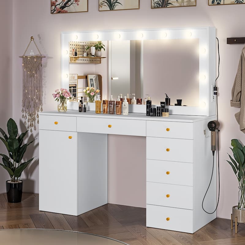 Makeup Vanity with Mirror and Lights Vanity Desk with Large Glass Top