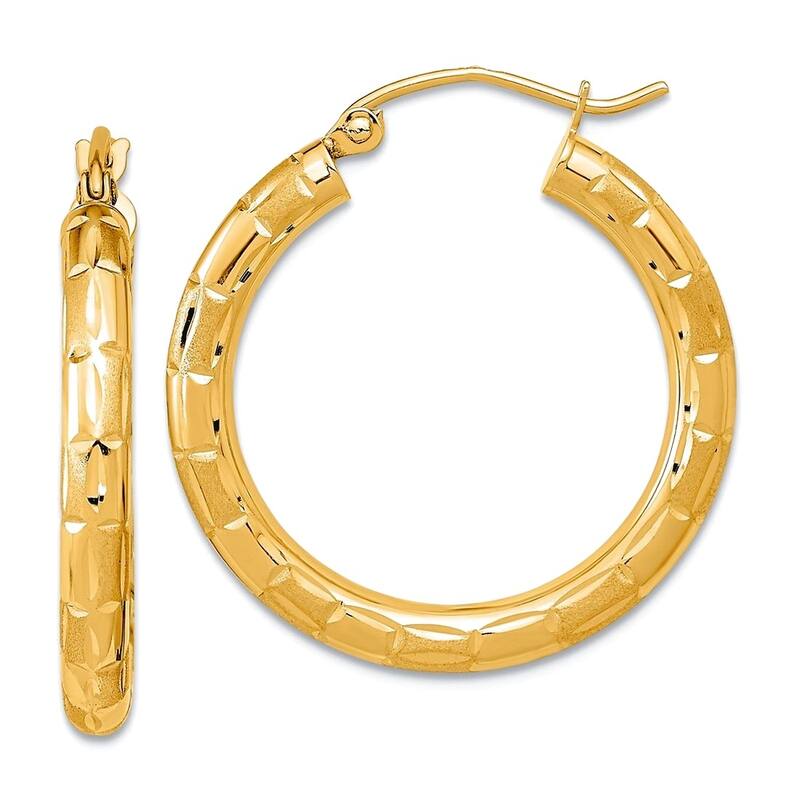 Curata 14k Yellow or White Gold Satin Finish Diamond Cut 26x3mm Classic Hoop Earrings - Yellow Gold
