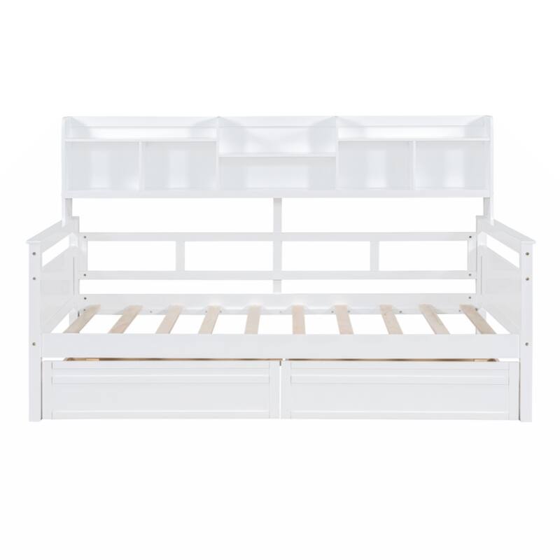 Twin size Daybed, Wood Slat Support, with Bedside Shelves and Two Drawers