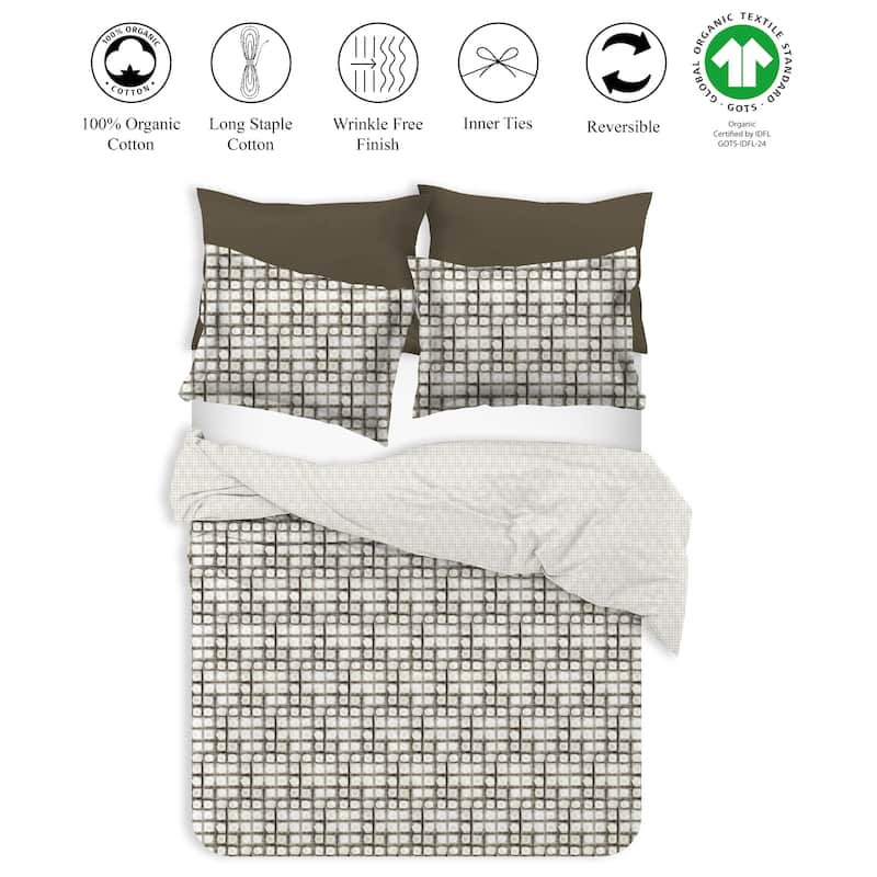 Delara GOTS Certified 100% Organic Cotton Damask Reversible Print Duvet Cover and Sham Set of 2, White/Brown