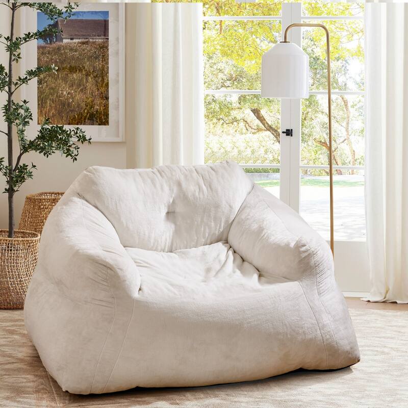 Beige Velvet Bean Bag Chair with Ergonomic Design and Padded Armrests - 51" x 44" x 27"