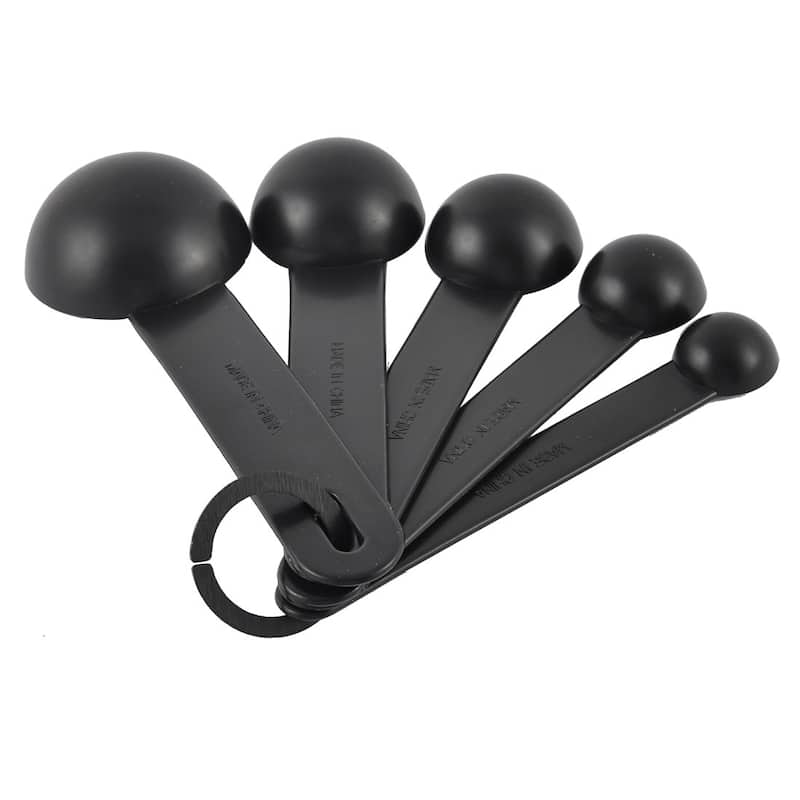 Plastic Round Shaped Powder Liquid Measuring Spoons Scoop Black 5 in 1 - 4.7" x 1.6" x 0.8"(L*D*H)