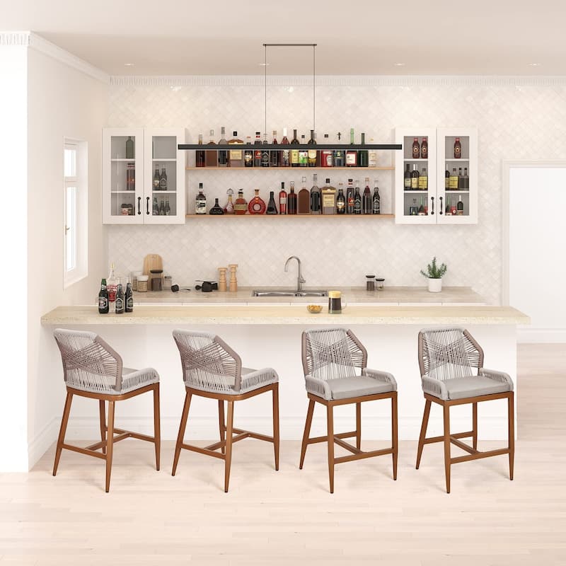 Counter Height Bar Stools Set of 2 Boho Rope Counter Height Bar Stools Rattan Woven Aluminum Modern Barstools