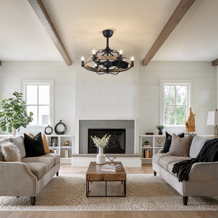 27 Inch Wood Grain Ceiling Fan with Light Remote Control 6 Light Wagon Wheel Farmhouse Ceiling Fans Caged Chandelier Fan