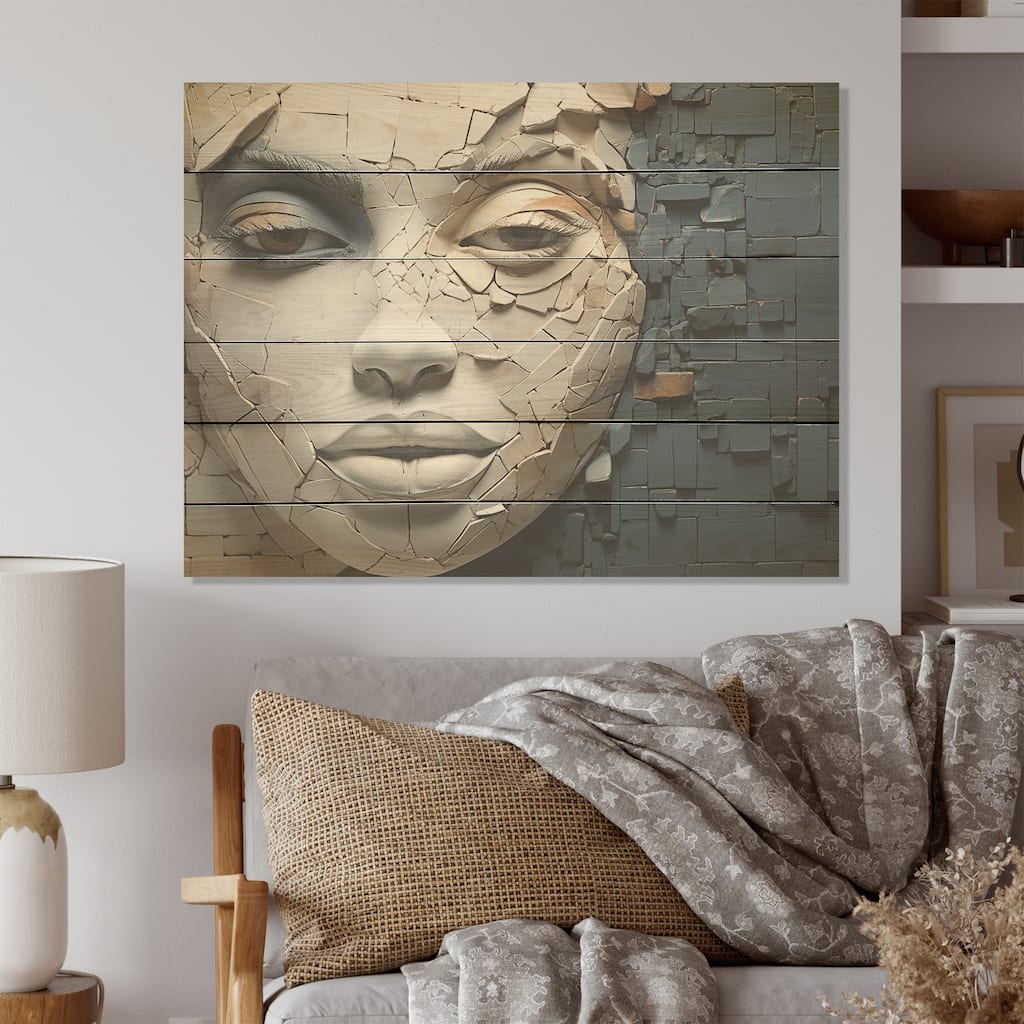 DESIGN ART "Blue And Beige African Woman Collage" Africa Wood Wall Decor - Traditional Wood Panel On Natural Pine Wood