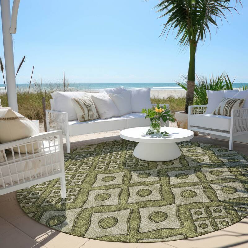 Machine Washable Indoor/ Outdoor Chantille Diamond Geo Rug - Olive - 8' x 8'