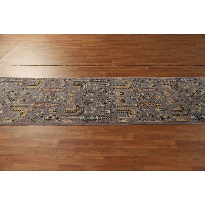 Hand Knotted Oriental 100% Wool Carpet Transitional Floral Greys & Charcoal Oushak Runner Rug - 9' 9'' X 2' 10''