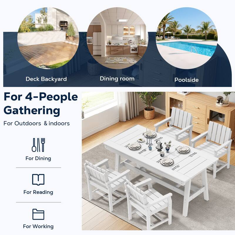 HDPE Patio Dining Set with Rectangular 67.91in W Table with Umbrella Hole and 4 Chairs - N/A