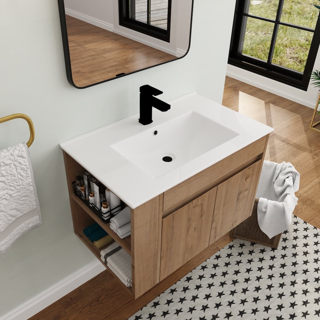 BNK 30 Inch Single White/Black Sink Bathroom Vanity with 2 Soft Close Doors and 1 adjustable shelf