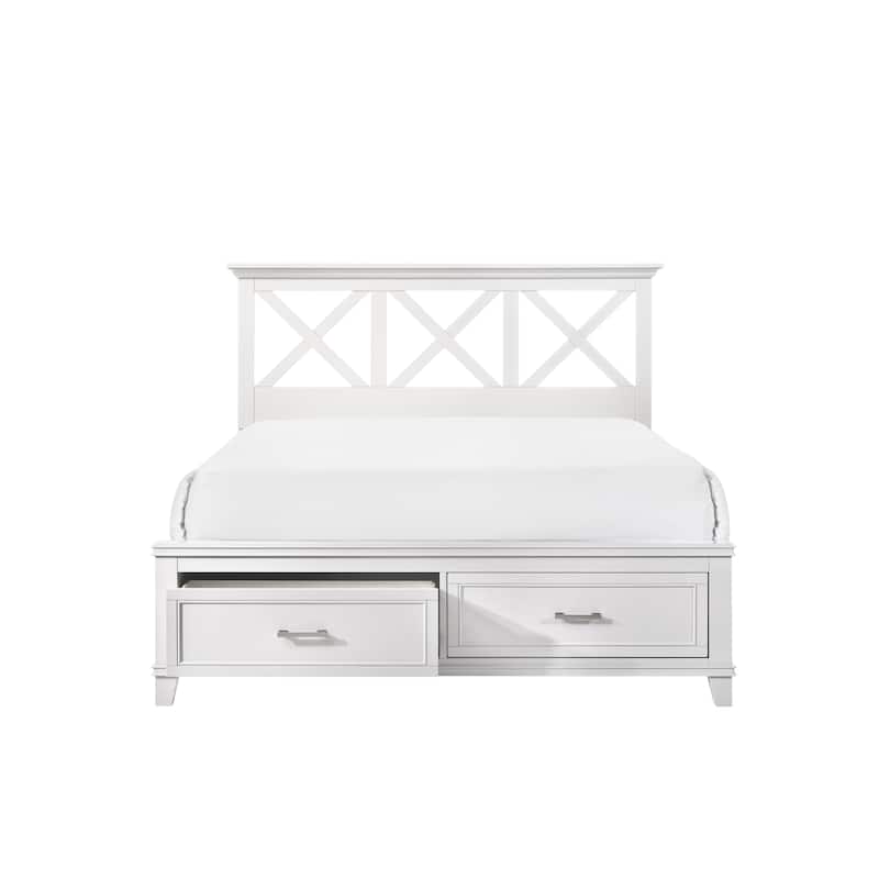King Size Storage Bed with X-Designed Headboard and Transitional Style - White