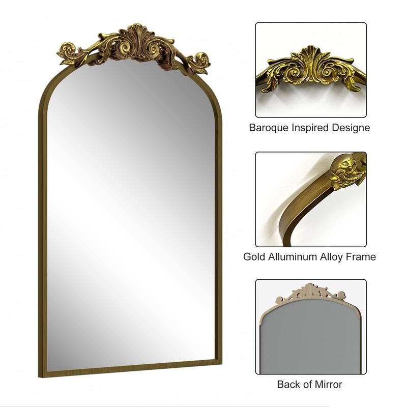 KIOTEE Arched Wall Mirror and Metal Frame Baroque Style Bathroom Vanity Mirror