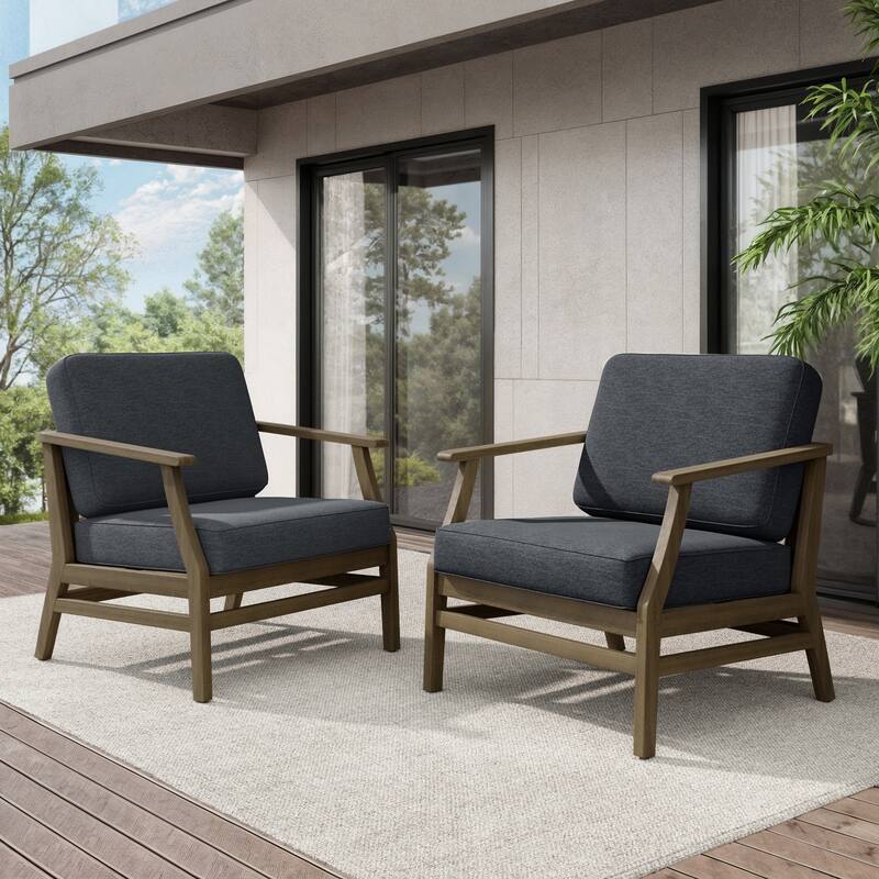 Teak Outdoor Patio Club Chairs Loveseat with Cushions - Natural Wood - 2 chairs/Dark Grey