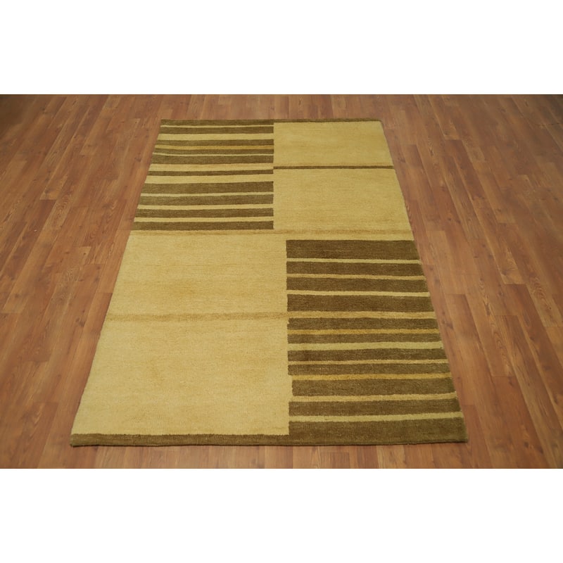 Hand Knotted Oriental 100% Wool Carpet Modern Stripe Yellow & Gold Gabbeh Area Rug - 5' 10'' X 3' 11''