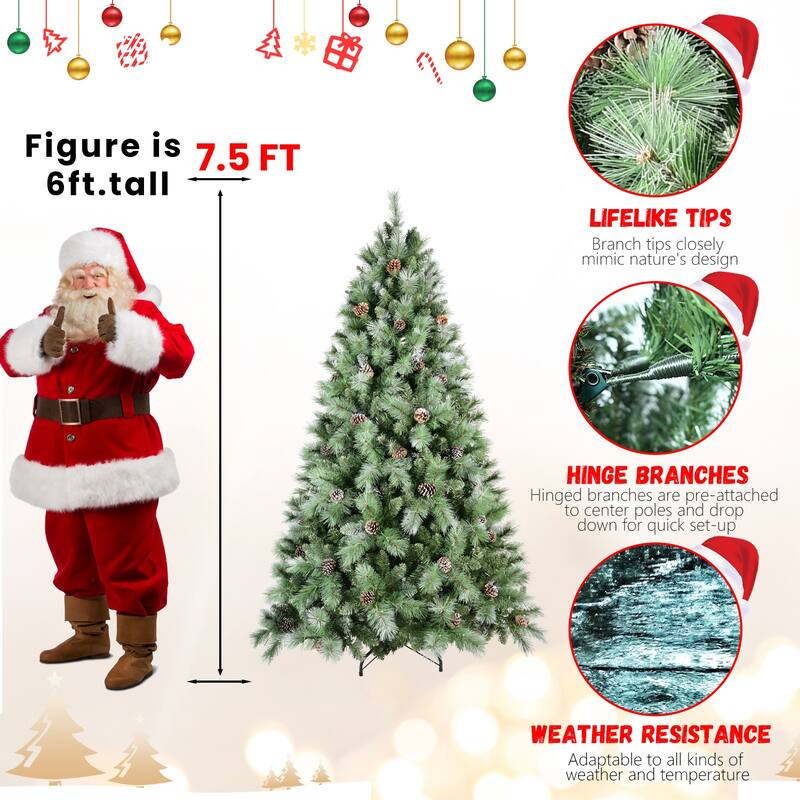 Artificial Christmas Tree - PVC & Hard Needle Branches, Pine Cones, Hinged Structure, Metal Stand - Green