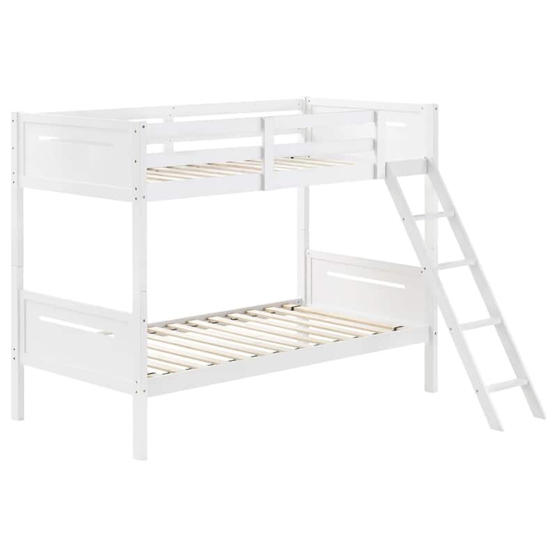 Modern White Twin/Twin Bunk Bed with Built-in Ladder and Safety Guardrails