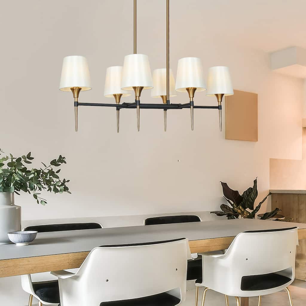Modern Farmhouse Black Gold Linear Chandelier Mid-century 6-Light 31.5-inch Shaded Island Pendat - 31.5"* W 15.7" * H 12.2"