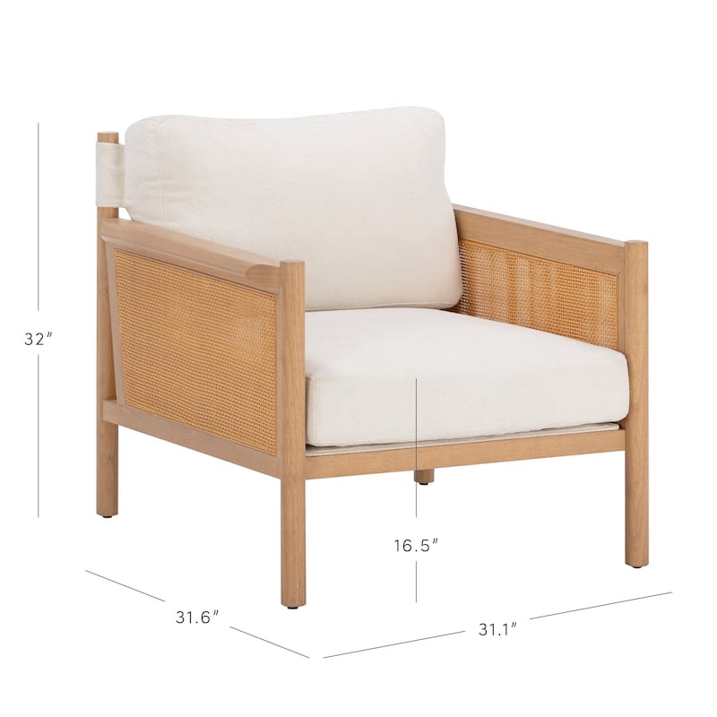 Hemming Upholstered Armchair, Solid Wood Accent Chair with Boucle Upholstery and Faux Rattan Arm Inlay